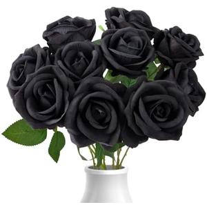 AxPower Black Roses Artificial Flowers 10 Pack in Bulk, Black Fake Roses Flowers Realistic Roses for Halloween Gothic Wedding Home Party Decoration Event Gift