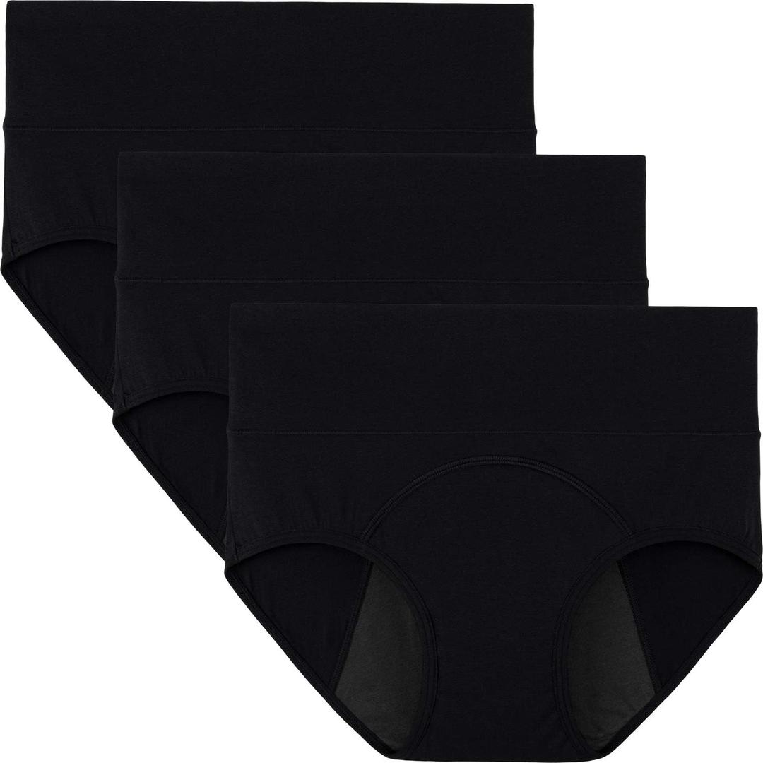 INNERSY Women's Period Underwear High Waisted Postpartum Maternity Panties 3-Pack (Large, Black With Dark Lining)