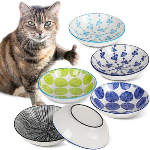 Ceramic Cat Bowls with Non-Slip Silicone Bottom,Prevent Whisker Fatigue,Reduce Mess,Wide Cat Bowls for Indoor Cats,6 Colorful Set for Daily Feeding Gift Choice (Classic)