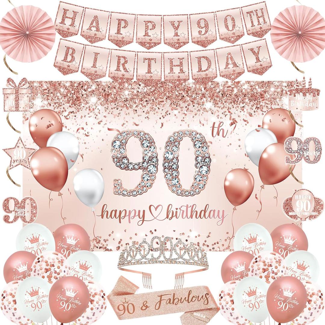 Trgowaul 90th Birthday Decorations for Women, 30pcs Rose Gold Happy Birthday Party Supplies, 90th Crown and Sash, Banner, Hanging Swirl Flag, Balloons, 90 Year Old Party Decoration Set