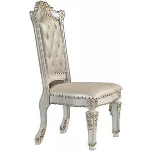 Benjara Jess 24 Inch Counter Chair Set of 2, Pearl Faux Leather, Button Tufted, White and Gold