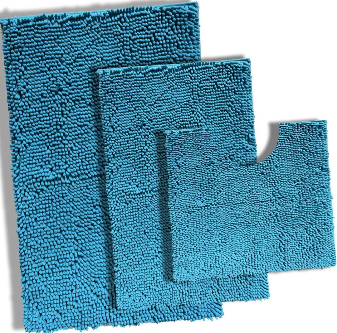 Teal Blue Bath Mat for Bathroom, Bathroom Rugs Non Slip Washable, Chenille Bathroom Mats, Ultra Absorbent Bath Rugs Sets 3 Pieces, Ultra Soft Bathroom Rug Set,Plush Bathroom Set for Tub, Shower
