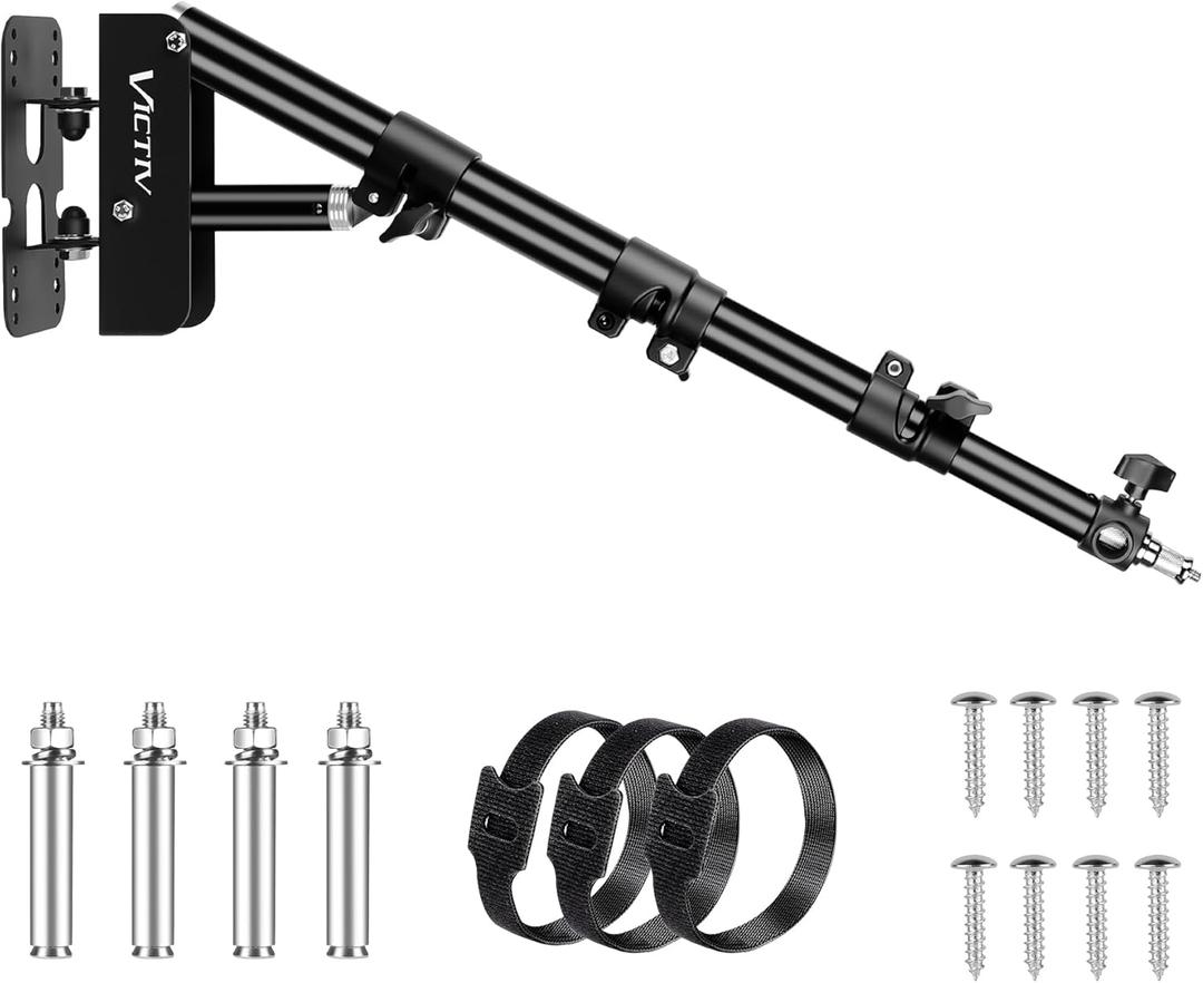 Professional Ring Light Wall Mount, 44.5" Adjustable Boom Arm Stand for Photography Lighting Studio, Triangle Camera Wall Mounting with Heavy-Duty 3kg Capacity, Ideal for Salon, Tattoo & Barber Shop