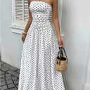 Milumia Women's Polka Dots Strapless Ruched Maxi Dress Ruffle A Line Summer Dresses Sundress (White, L)