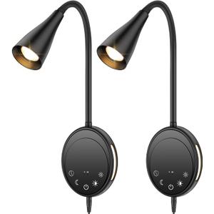 LED Wall Mount Reading Light, Bedside Reading Lights with Touch Control, 5 Dimmable, USB Output, Night Light & Timers, Flexible Gooseneck Headboard Bed Lights Wall Sconce (Black-2P)