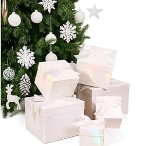 Cholemy 6 Pcs Christmas Gift Boxes With Ribbon Square Gift Boxes for Presents Packaging Xmas Anniversaries Bridal Shower Birthday Bridesmaid Wedding Valentines Party Favor(Iridescent)