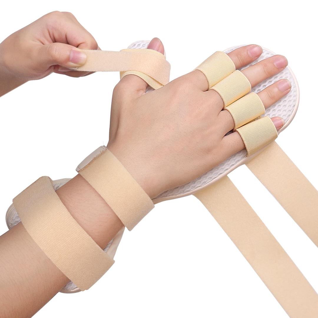 DrFinger Stroke Hand Brace Splint for Straightening Fingers with 5 Fingers Resting Support,Prevent Fingers Curling, Dupuytren's Contractures, Hand Spasms, Fit Right & Left, Men & Women - M (Beige)