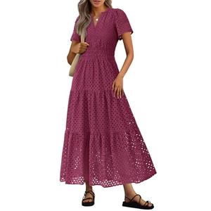 PRETTYGARDEN Womens 2025 Summer Maxi Dress Short Sleeve V Neck Hollow Out Eyelet A Line Long Flowy Beach Vacation Dresses (Wine Red,Small)