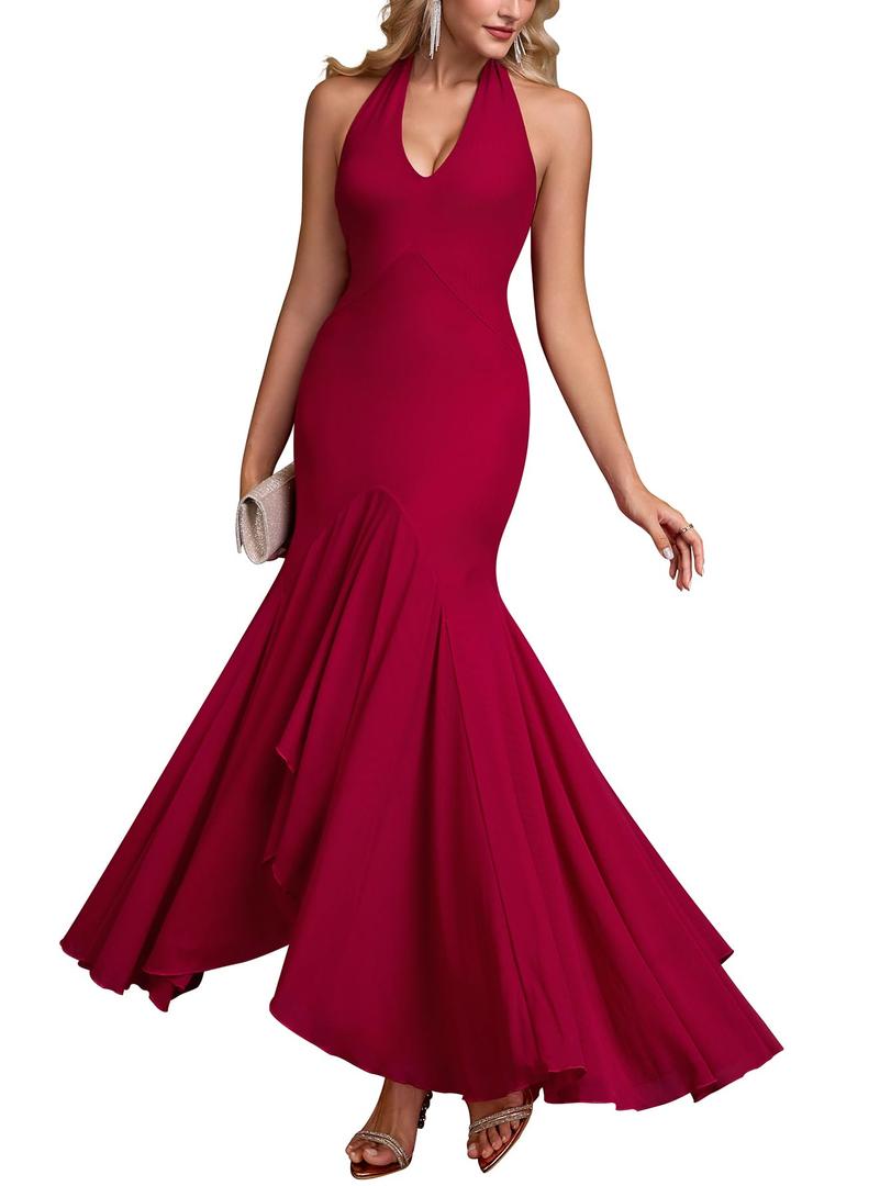 HTZMO Women Formal Sexy V Neck Halter Tie Maxi Dress Bodycon Flowy Wedding Guest Cocktail Elegant Long Dresses Wine L (L)