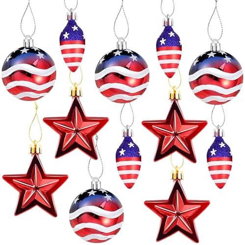 Sfcddtlg 12 Pcs Patriotic Ornaments Hanging Balls- 4th of July Independence Day Tree Ornaments- Red White Blue Stars Balls for Holiday Wedding Veteran Day Tree Decorations