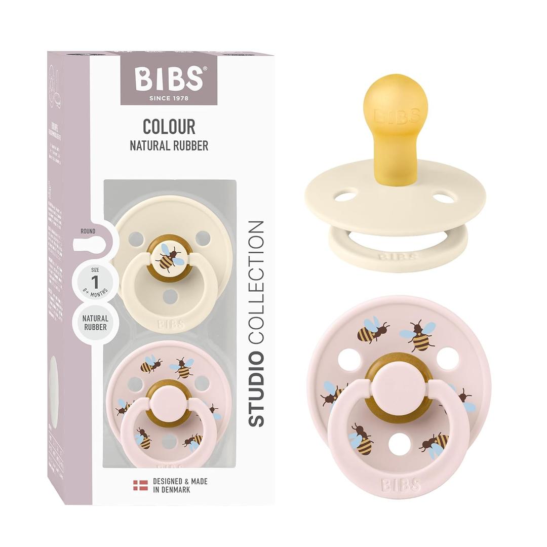 BIBS Studio Soother 2-Pack, BPA Free Dummy Pacifier, Round Nipple. Natural Rubber Latex, Made in Denmark, Size 1 (0-6 Months), Ivory/Petal