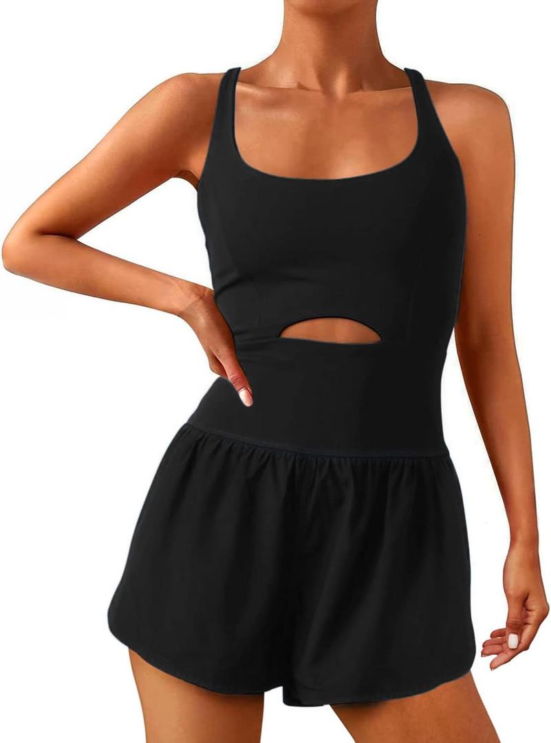 Wenlia Women Workout Romper Onesie with Padded Bras Sleeveless One Piece Outfits Shorts Atheletic Running Jumpsuit Clothes (X-Small, Black)