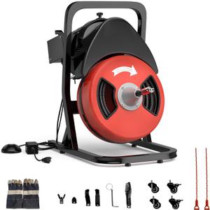 50Ft Heavy-Duty Drain Cleaner Machine, 1/2" Auto-Feed Drain Snake with 4 Cutters, Electric Sewer Auger for Toilets/Sinks/Pipes, Portable Plumbing Snake with Wheels, 450W