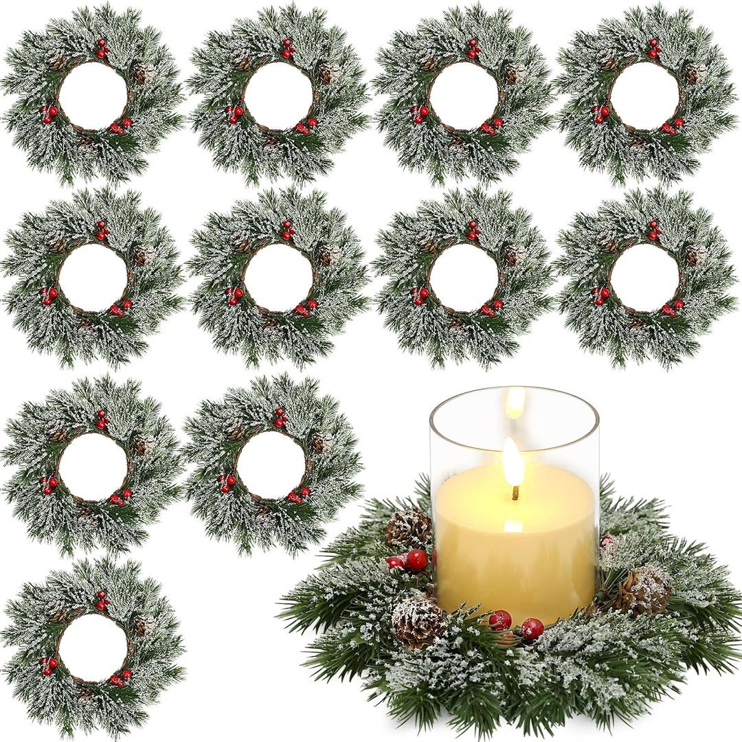 12 Pcs Christmas Candle Rings Wreaths Bulk, Xmas Artificial Candle Rings with Pinecones Red Berries Candle Holder Table Centerpiece Decor for Home Kitchen Cabinet Windows Front Door