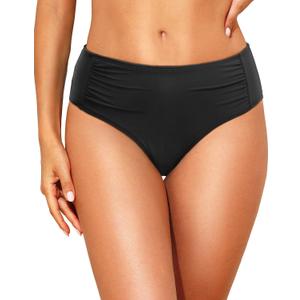 Talisea Women Full Coverage Bikini Bottoms - Mid Rise Bathing Suit Ruched Swim Bottom Swimsuit Swimwear (Large, Black)