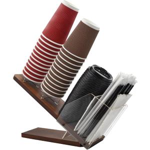 Paper Cup and Lid Holder with Straw Organizer, Adjustable Coffee Cup Holder Organizer, Disposable Cup Dispenser, Straw Holder for Home, Office and Caf Use,Wooden