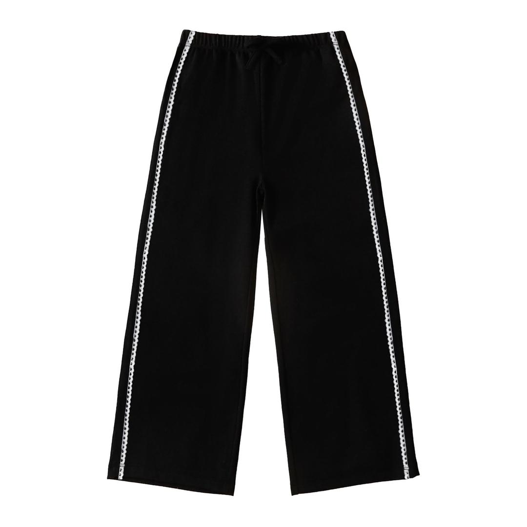 SOBOWO Girls Wide Leg Pants Kids Solid Color Floral Elastic Waist Baggy Casual School Straight Leg Pants Trousers Size 5-6 Years
