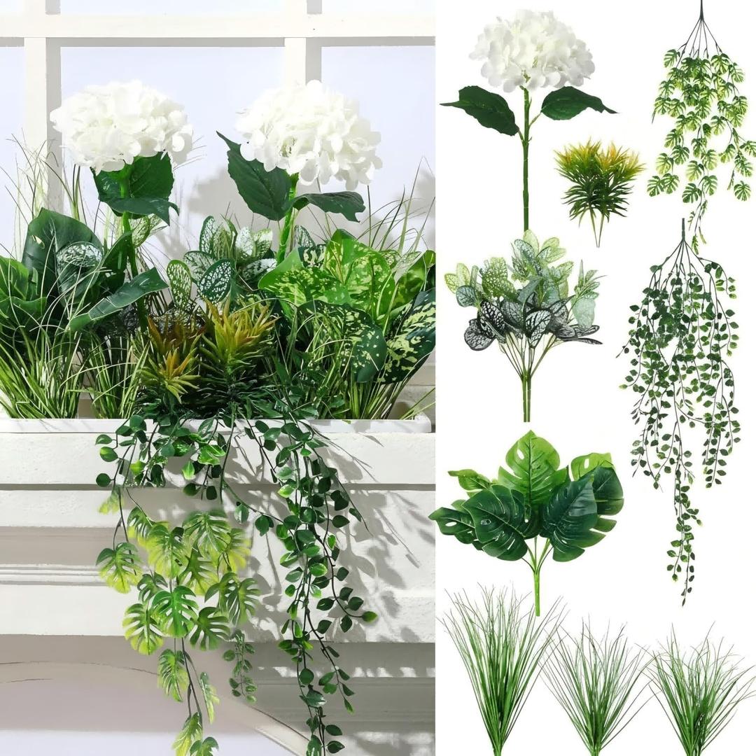 Giegxin 18 Pcs Artificial Plants Outdoor UV Resistant Artificial Fake Bushes for Window Box Greenery Shrub Succulent Hydrangea Flower for Indoor Outdoor Garden Front Patio Yard Porch Decor(White)