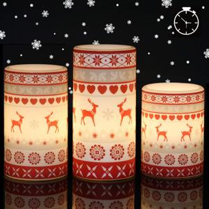 GenSwin Flameless Flickering Led Candles Battery Operated with 6 Hours Timer, Real Wax Pillar Candles Warm Light Love Deer Decal Decor Gift(Pack of 3) (Red Deer)