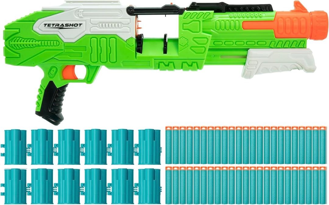 Air Warriors: Tetrashot - Dart Blaster, Green & White, 98 Accu-Blast Darts & Dart Belt, Shoots Up to 80ft, Kids Toy, Ages 6+