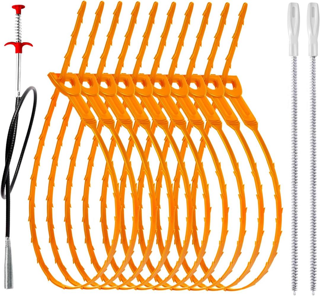 22.4inch Drain Snake (1pc), 25inch Hair Drain Clog Remover (10 pcs) & 18Inch Cleaner Brush (2 pcs), Sink Plumbing Snake Drain Tool Unclogger Tool Set For Kitchen, Bathroom Tub, Sewer, Toilet