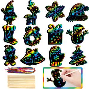 GOMANCHE 48 Pieces Christmas Scratch Art for Kids, DIY Rainbow Scratch Paper Magic Art Crafts Bulk, Christmas Hanging Ornaments for Kids Party Favors