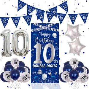 10th Birthday Decorations for Boys Girls, Blue Silver Happy 10th Birthday Double Digits Door Banner Decorations, Number 10 Foil Balloon Triangle Flag 10 Year Old Bday Party Supplies for Son Daughter