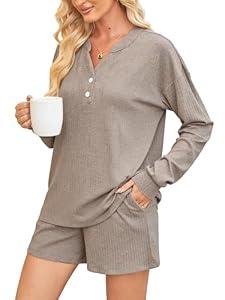 Braroz Womens Ribbed Knit 2 Piece Lounge Sets Outfits Long Sleeve Top and Shorts Pajama Sets Loungewear with Pockets Coffee Grey L
