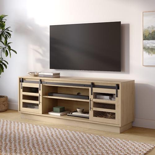 Stead Modern Farmhouse Entertainment Center with Sliding Glass Doors & Storage, 58” Barn Door TV Stand for Bedroom, Media Console Supporting 32-65" TVs for Living Room (Light Oak), Media Console Table