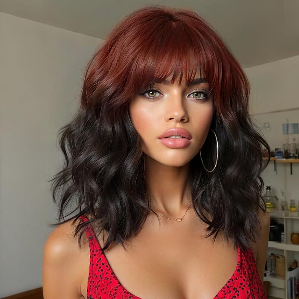 Short Curly Wigs with Bangs for Women 14 Inches Wavy Bob Wig Synthetic Heat Resistant Fiber Wigs