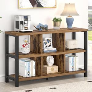 FOLUBAN Industrial Horizontal Bookshelf, 6 Cube Storage Organizer with Shelf, Wood and Metal Cubby Bookcase for Living Room Bedroom, Rustic Brown, 47 Inch