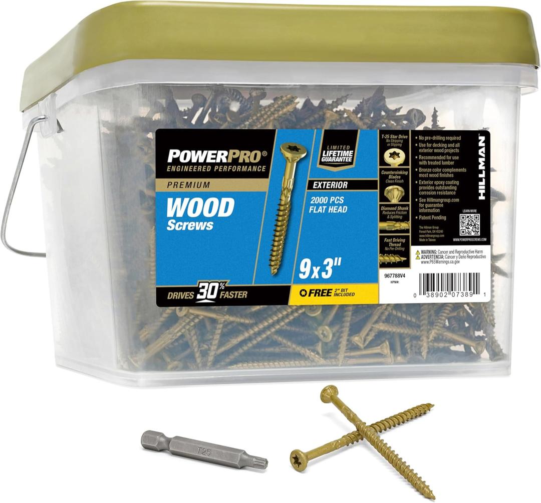 Power Pro Premium Exterior Wood Screws, #9 x 3 Inch All-Purpose Deck Screws for Outdoor Projects, T-25 Star Bit Included, Bronze, 2000 Pieces | 967788V4