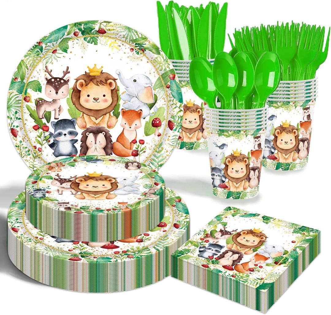 Jungle Animals Party Decorations - 175 Pcs Safari Animal Baby Shower Plates and Napkins, Wild Animals Theme Disposable Tableware Set for Baby Shower Zoo Birthday Party Supplies Favors, Serves 25