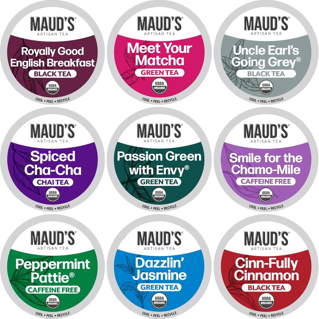 Maud's 9 Blend Organic Tea Pods Variety Pack, 48 ct, 9 Assorted Flavors, Recyclable Single Serve Pods 100% Gourmet Blended Tea Leaves, Compatible with Keurig K Cups Maker