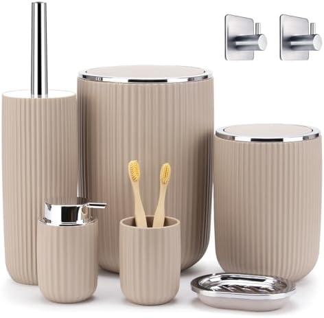 Boperzi Bathroom Accessory Set 8 PC: Bathroom Accessories Set with Trash Can, Lotion Dispenser, Soap Dish, Toothbrush Cup,Toilet Brush, Adhesive Hooks - Bathroom Decor Kit, Beige Bathroom Set Complete