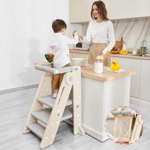 Forbena Foldable Toddler Tower Kitchen Learning Stool Helper, Montessori Kids Standing Tower for Counter, Collapsible Adjustable Baby Child Step Stool with Safety Net for Bathroom Sink (Grey) (Gray)
