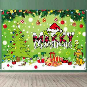 Green Christmas Backdrop Banner Merry Christmas Decorations Cartoon Theme Holiday Party Photography Background Red and Green Xmas Sign Backdrop Wall Decor for Kids 7x5ft