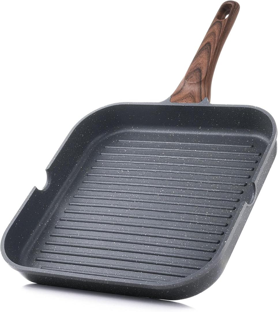 SENSARTE Nonstick Grill Pan for Stove Tops, Versatile Griddle with Pour Spouts, Square Big Cooking Surface, Durable Skillet Indoor & Outdoor Grilling, PFOA Free, 9.5 Inch (Gray Granite)