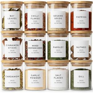Glass Spice Jars with Labels-12 Pack- 6.8oz- 360 Labels- Spice Containers with Bamboo Lids -Spices Organization for Cabinet-Drawer-Rack-Seasoning containers-herbs- Organizer-Spices Bottles