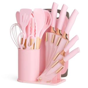 DANFFI 19-Piece Pink Kitchen Utensil Set – Silicone Cooking Tools with Wooden Handles, Non-Stick & Heat Resistant, Includes Knives, Scissors & Cutting Board – BPA-Free Kitchen Accessories