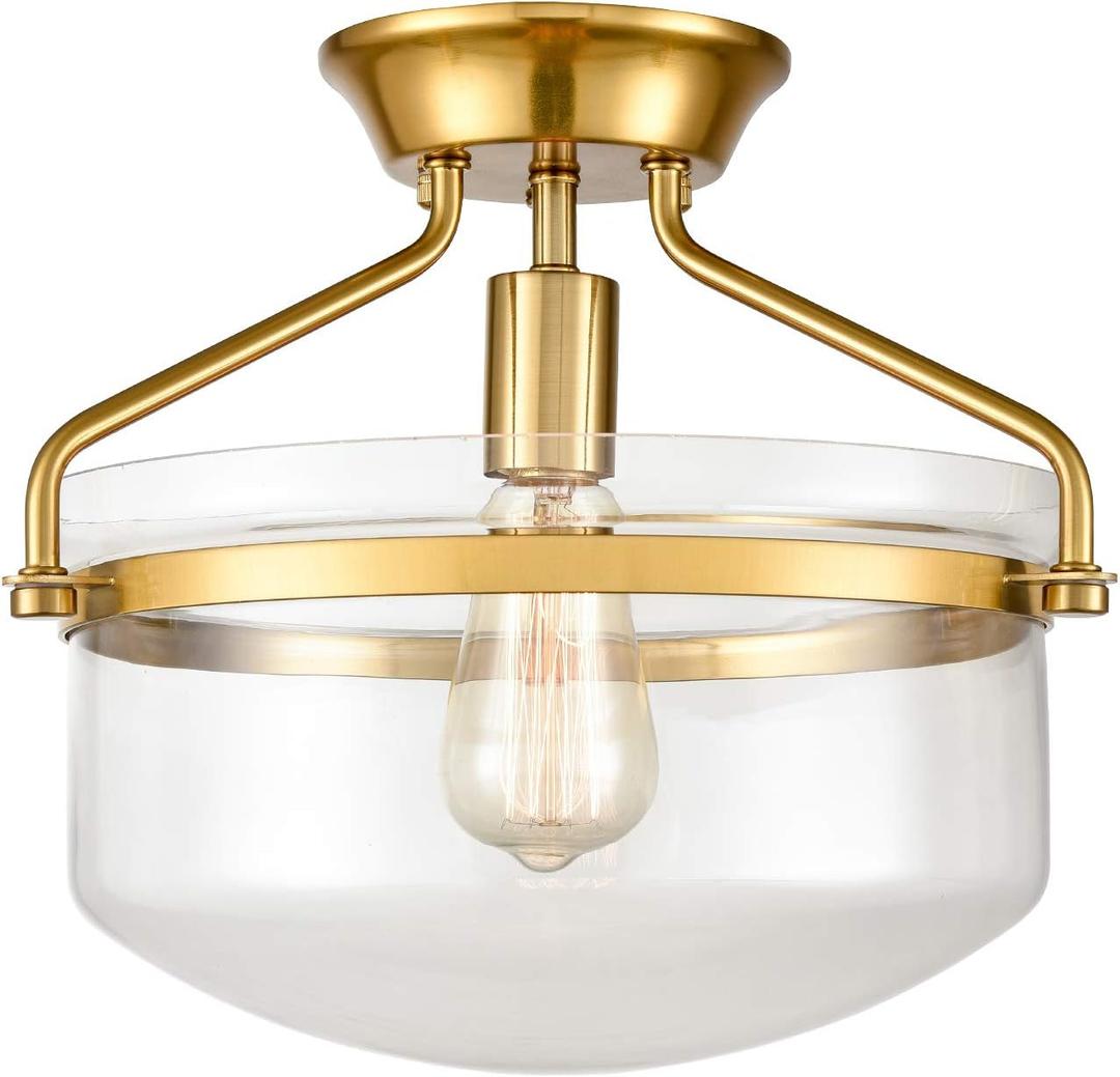 YUBOLE Mid-Century Ceiling Light Gold Semi Flush Mount Light Fixture with Clear Dome Glass Shade-13.4" Wide for Kitchen Hallway Bathroom Bedroom