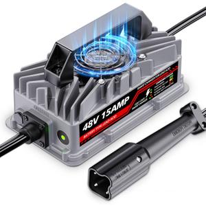 15 Amp 48 Volt Golf Cart Battery Charger for Yamaha G29 Drive & Drive 2-3-Pin Leaf Plug, Smart Charger for Lead-Acid Batteries, IP67 Waterproof, Multi-Protection, Unique Design (Silver)