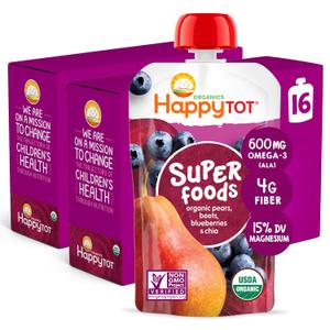Happy Tot Organics Stage 4 Baby Food Pouches, Gluten Free, Vegan Snack, SuperFoods Fruit & Veggie Puree, Pears, Blueberries, Beets & Chia, 4.22 Ounce (Pack of 16), BBD: JULY 30, 2026