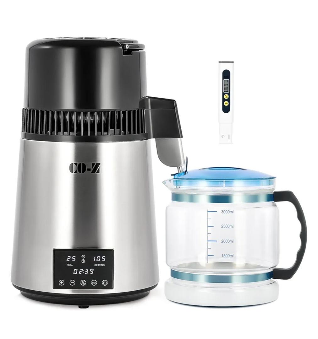 CO-Z 1.1 Gallon Water Distiller, 1750W Countertop Distilled Water Machine with Glass Container Dual Temperature Display Timer, 4L 304 Stainless Steel Distilled Water Maker for Home Office Travel More