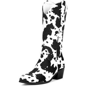 Cozivwaiy Women Mid Calf Cowboy Boots Chunky Heel Half Boot Cow Print Western Boots Plus size (US 4-12.5) (Upgrade-black)