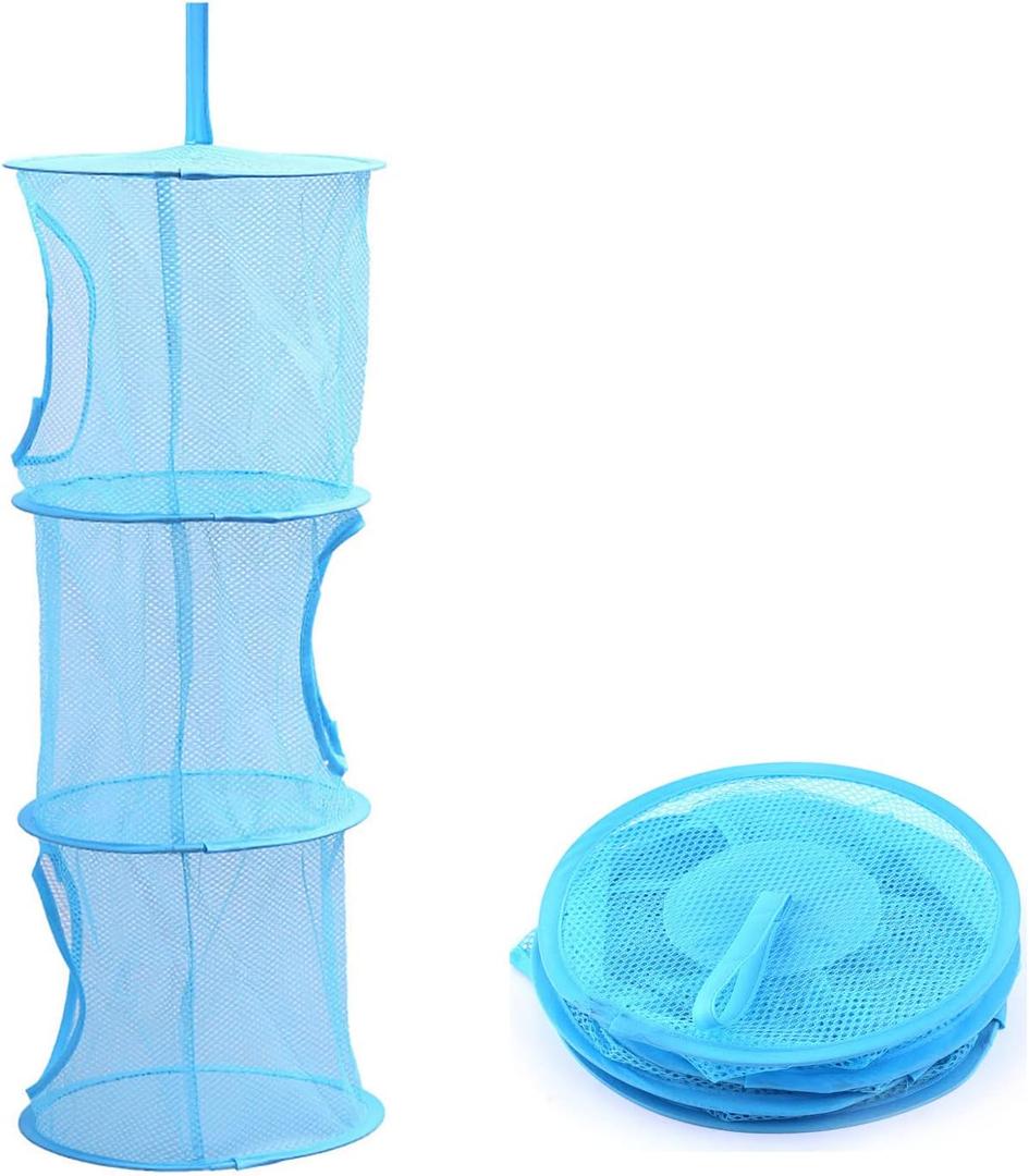 Mesh Hanging Storage Basket With 3 Compartments Foldable Hanging Storage Organizer Net Bag for Toys Storage, Space Saver Sundries Clothes Bra Underwear Socks Drying Basket Laundry Hamper (Blue)