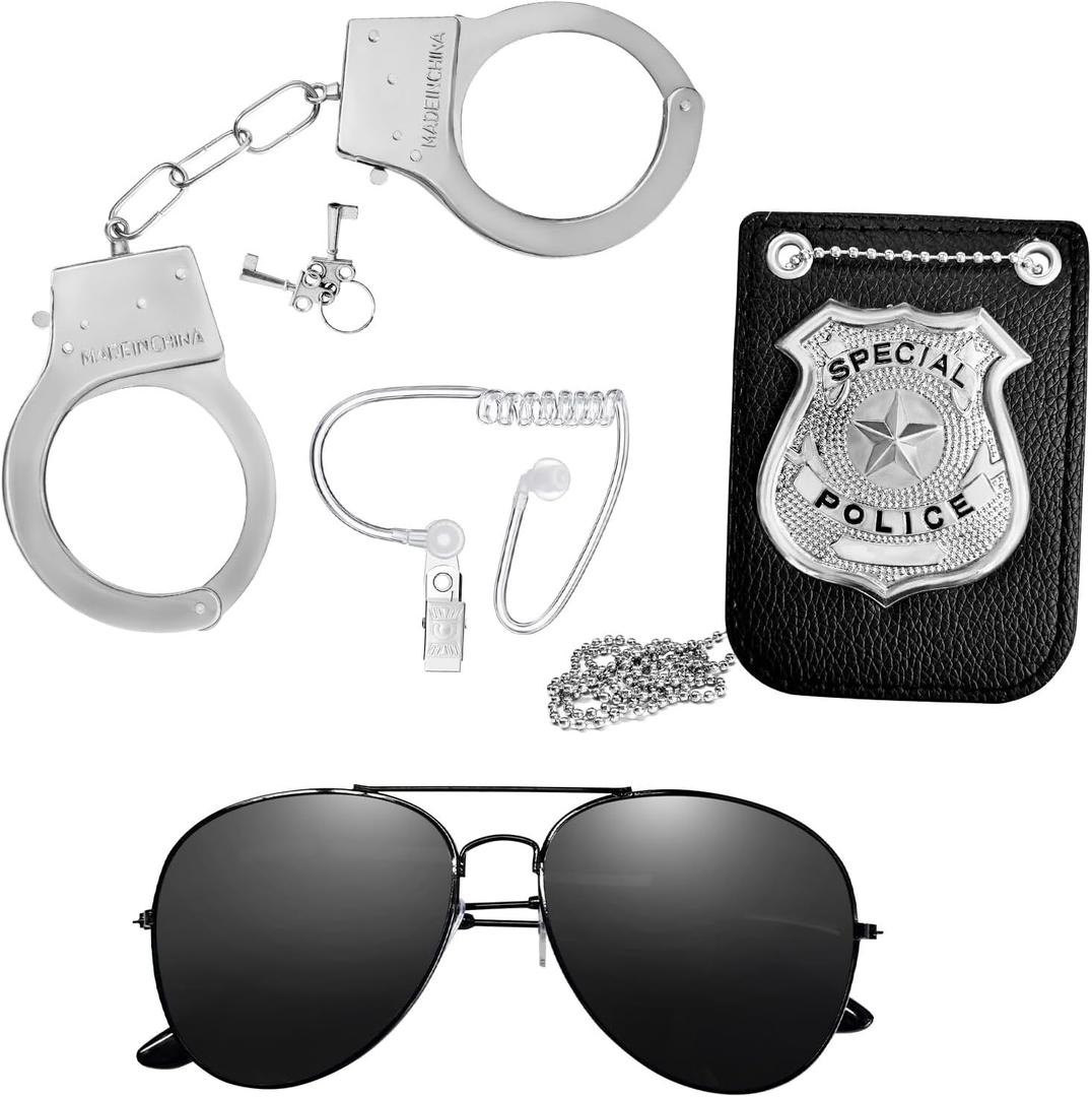 Police Pretend Costume Set - 4PCS Police Cosplay Accessories Pretend Play Toy Spy Costumes with Handcuffs, Ear Piece, Badge, Glasses for Halloween Costume Multicolor