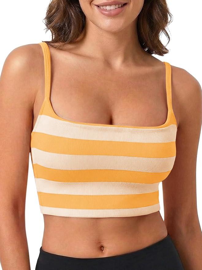 Aoysky Womens Striped Square Neck Sports Bras Spaghetti Straps Ribbed Padded Low Impact Yoga Workout Camisole Yellow, M