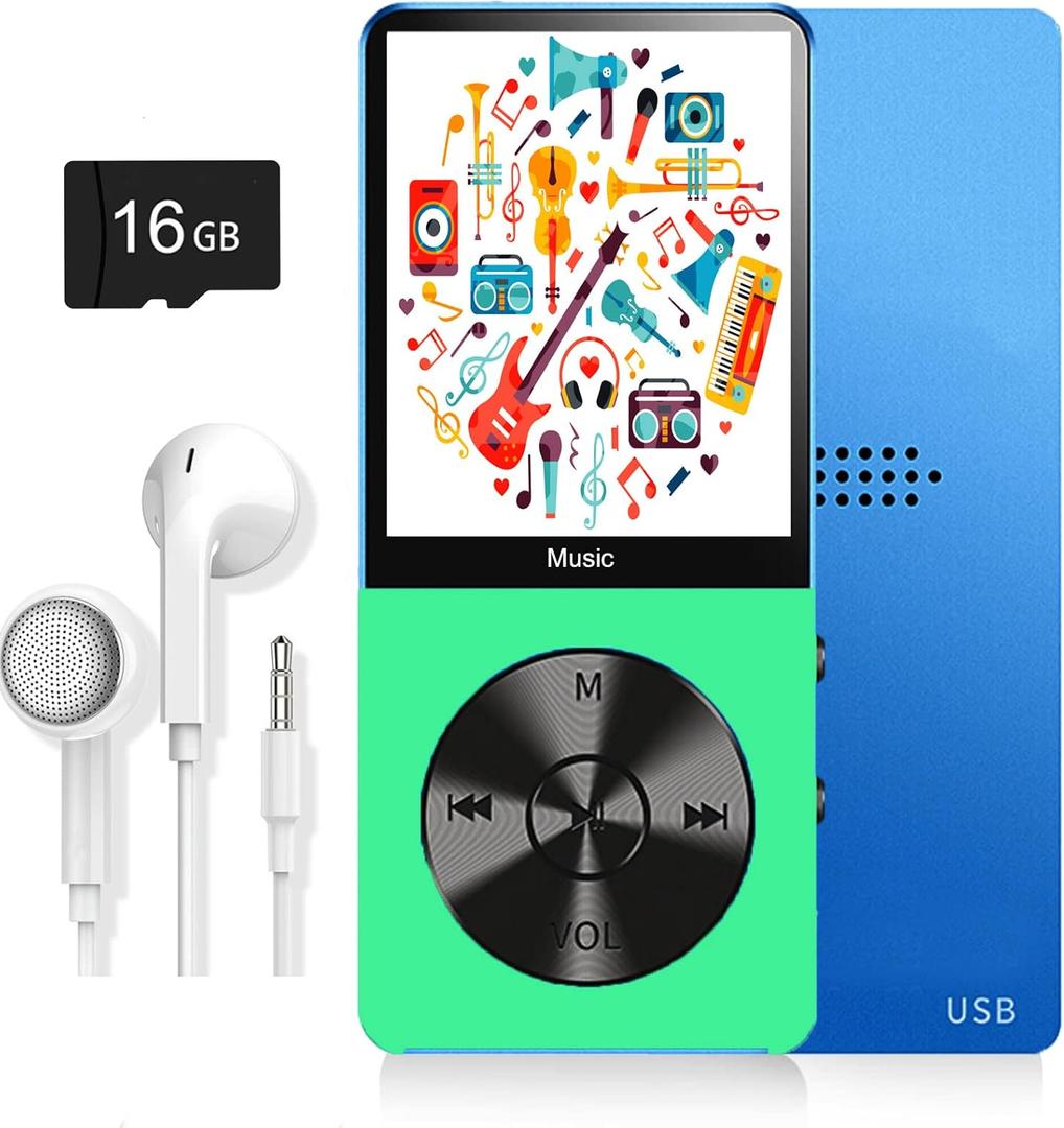 MP3 Player, Music Player with 16GB Micro SD Card, Build-in Speaker/Photo/Video Play/FM Radio/Voice Recorder/E-Book Reader, Supports up to 128GB