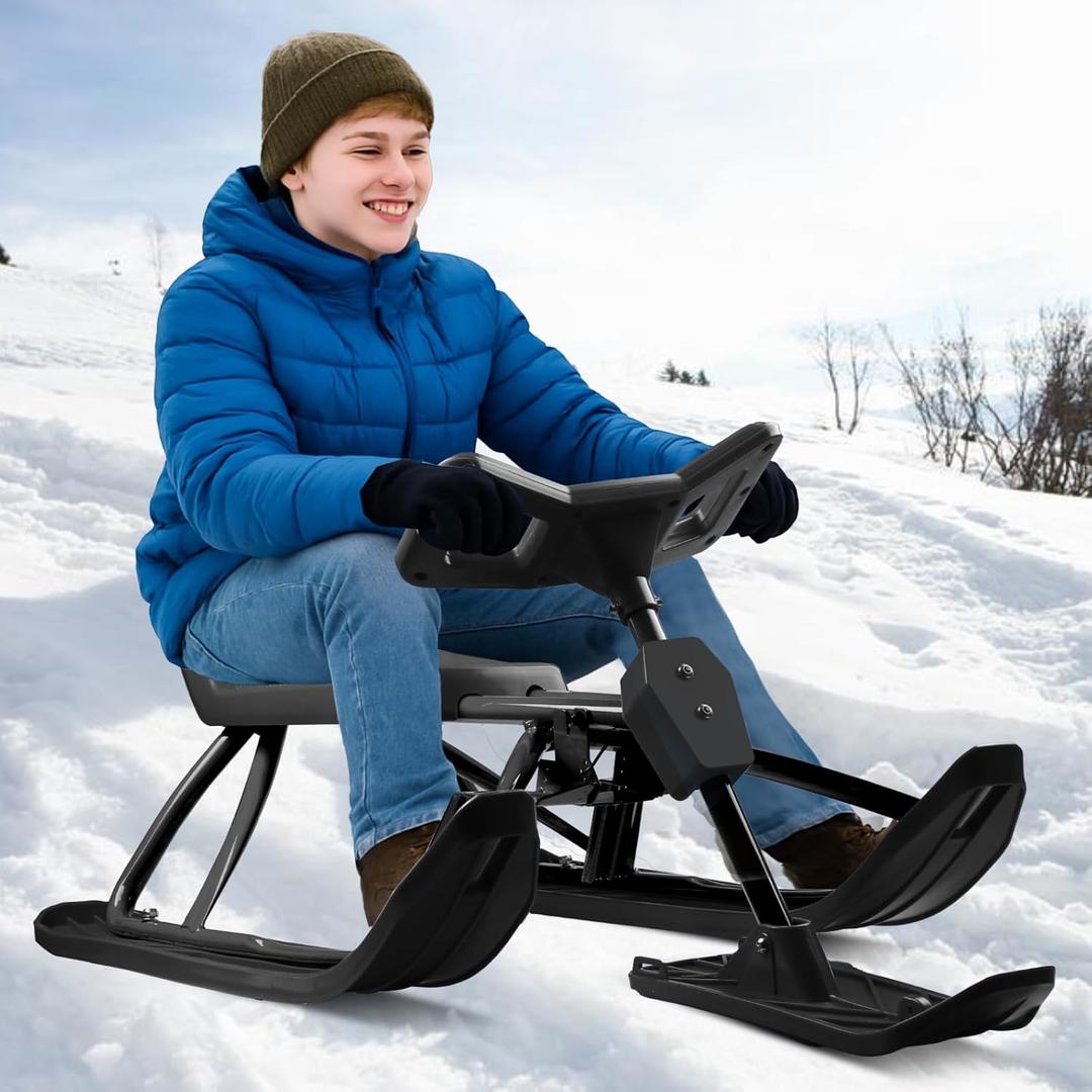 Snow Racer Sled Ski Sled Slider with Steering Wheel & Anti-Slip Seat 4.5-Foot Pull Rope Adults Winter Sport Sled for 176 LBS Loading Capacity Skiing Ice Skating Sand Skating